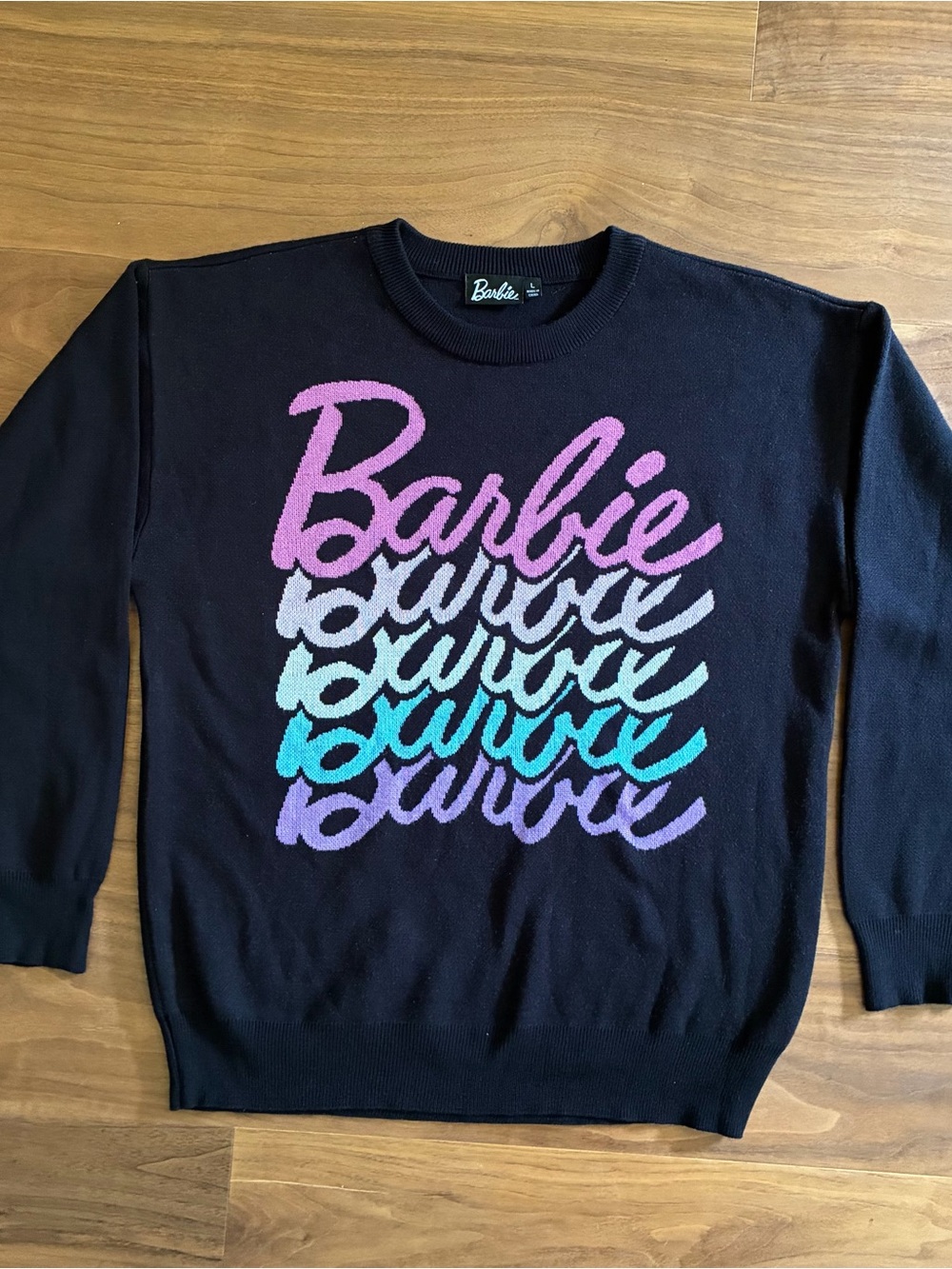 Barbie Black Crewneck Sweater with Pink, Teal, Lavender & Light Gray Logo